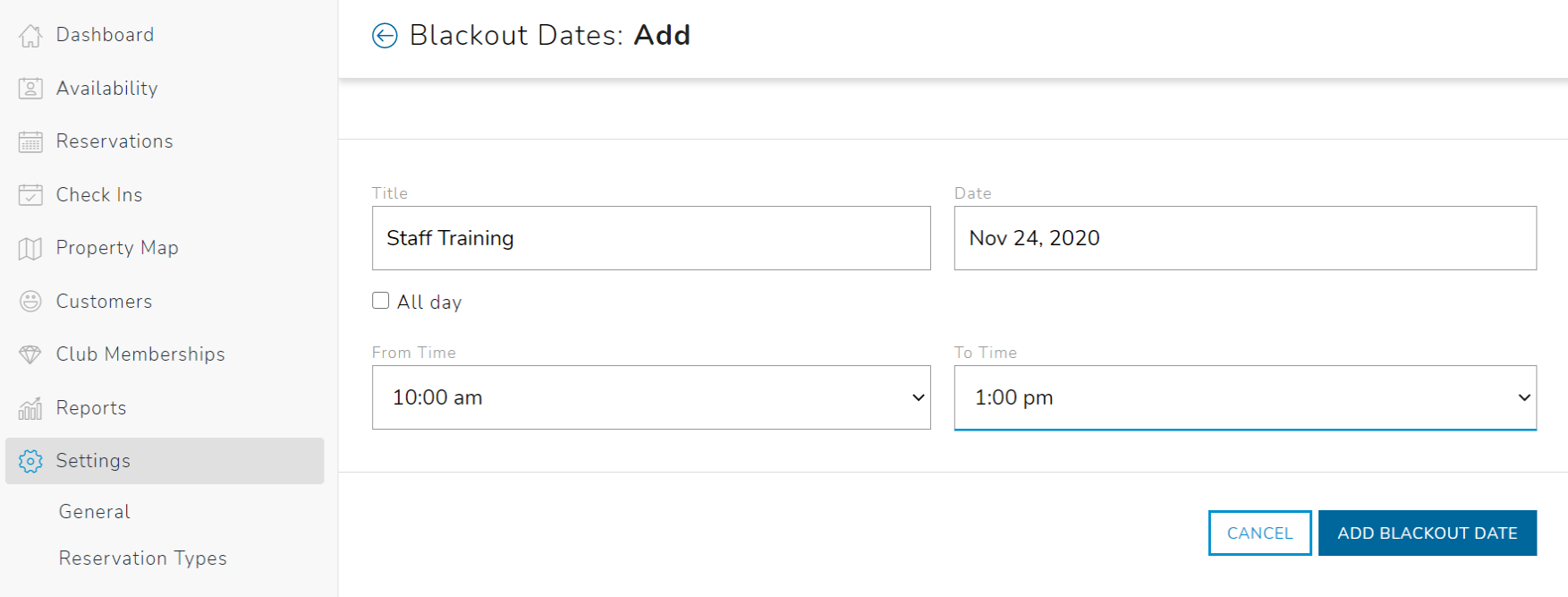 Entering Blackout Dates for Reservations